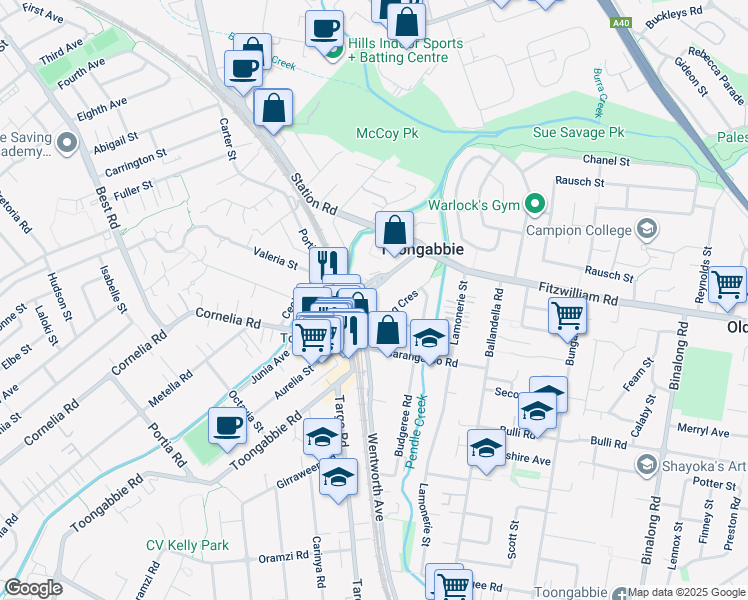 map of restaurants, bars, coffee shops, grocery stores, and more near 509 Wentworth Avenue in Toongabbie