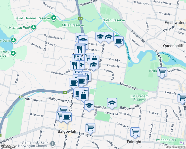 map of restaurants, bars, coffee shops, grocery stores, and more near 21A Koorala Street in Manly Vale