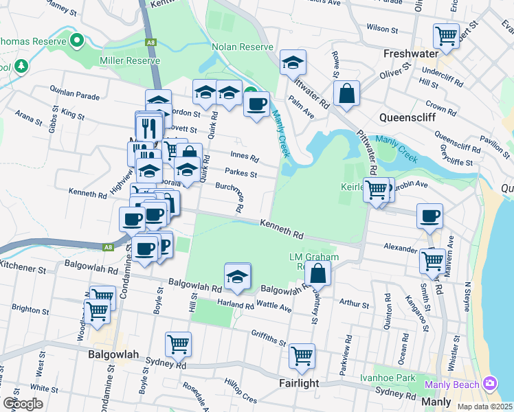 map of restaurants, bars, coffee shops, grocery stores, and more near 9 Fairway Close in Manly Vale