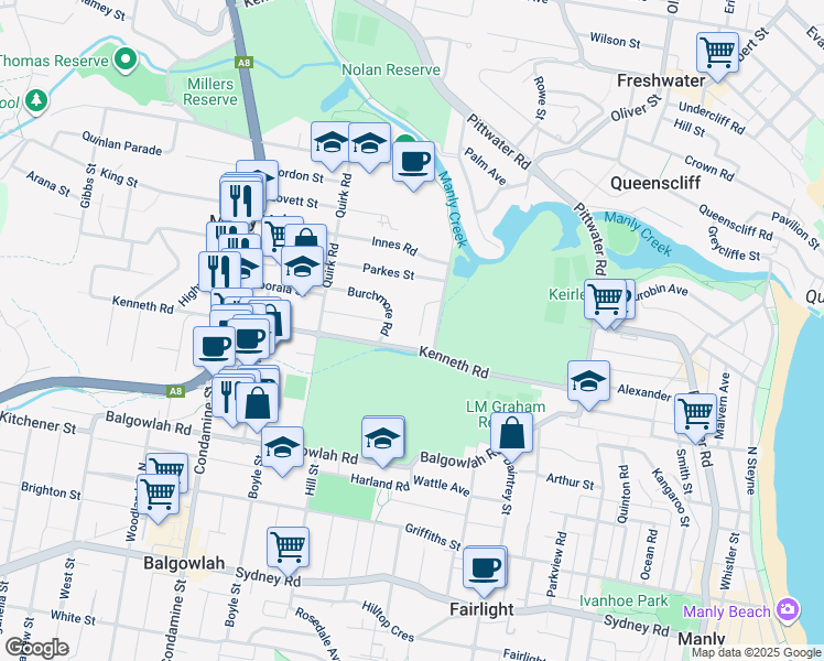map of restaurants, bars, coffee shops, grocery stores, and more near 8 Fairway Close in Manly Vale