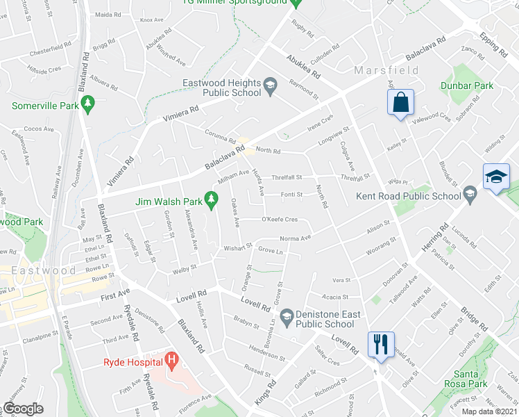 map of restaurants, bars, coffee shops, grocery stores, and more near 29 Hunts Avenue in Eastwood