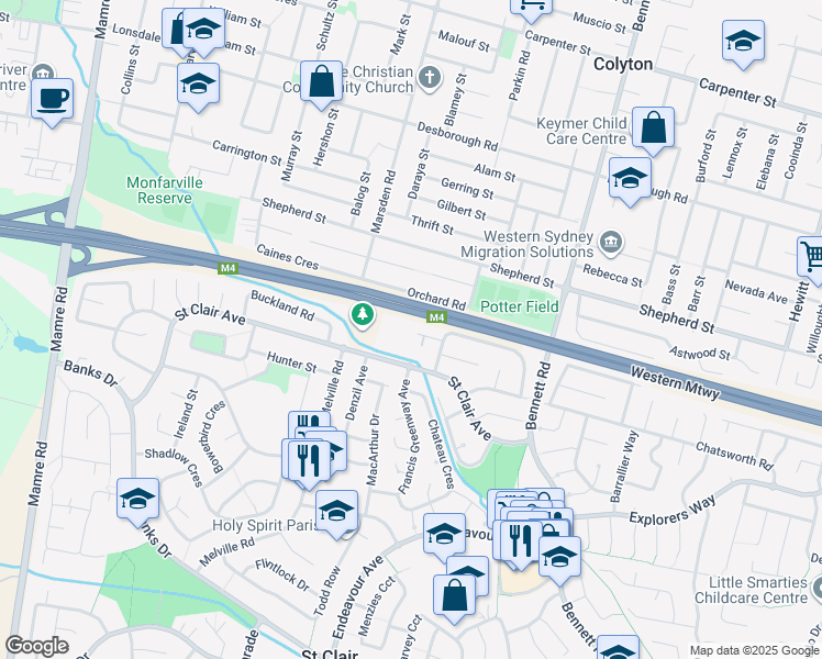 map of restaurants, bars, coffee shops, grocery stores, and more near 10 Danube Place in Saint Clair