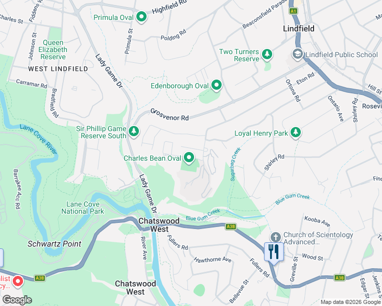 map of restaurants, bars, coffee shops, grocery stores, and more near 101 Eton Road in Lindfield