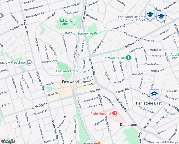 map of restaurants, bars, coffee shops, grocery stores, and more near 21 May Street in Eastwood