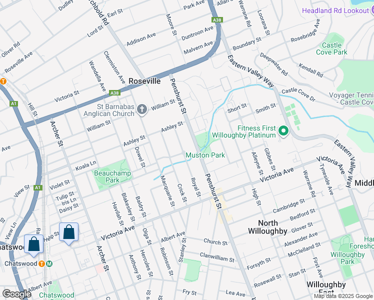 map of restaurants, bars, coffee shops, grocery stores, and more near 27 Lamette Street in Chatswood