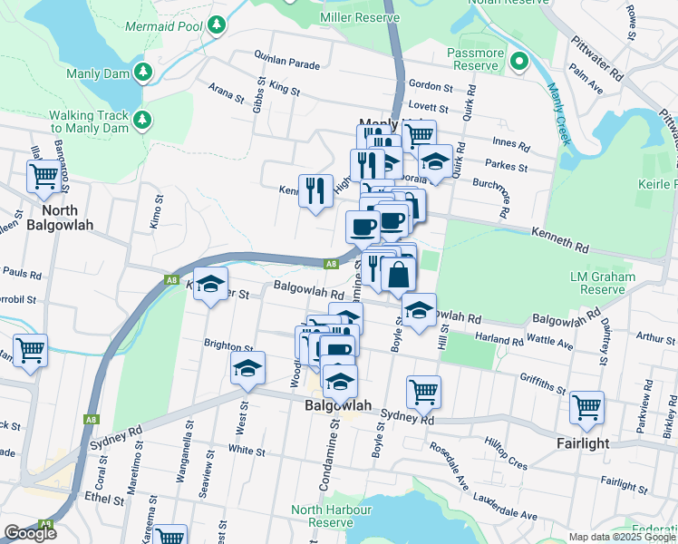 map of restaurants, bars, coffee shops, grocery stores, and more near 2 Pitt Street in Balgowlah