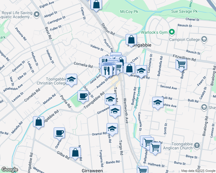 map of restaurants, bars, coffee shops, grocery stores, and more near 23-25 Toongabbie Road in Toongabbie