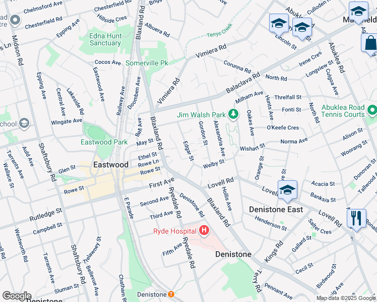 map of restaurants, bars, coffee shops, grocery stores, and more near Edgar Street in Eastwood