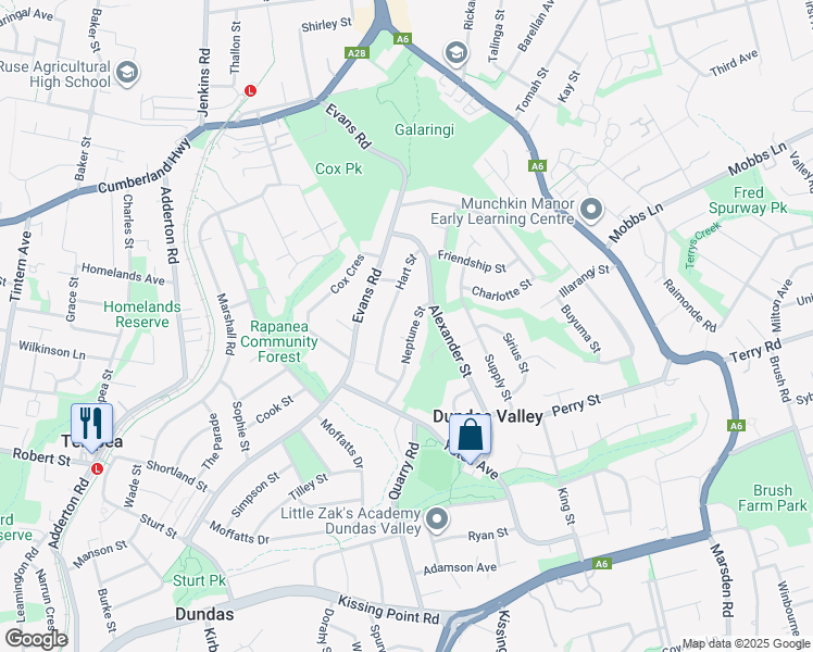 map of restaurants, bars, coffee shops, grocery stores, and more near 25 Neptune Street in Dundas Valley