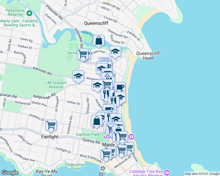 map of restaurants, bars, coffee shops, grocery stores, and more near 158 Pittwater Road in Manly