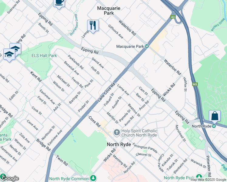map of restaurants, bars, coffee shops, grocery stores, and more near 10 Folkard Street in North Ryde