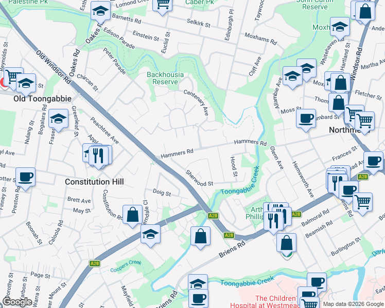 map of restaurants, bars, coffee shops, grocery stores, and more near 122 Hammers Road in Northmead
