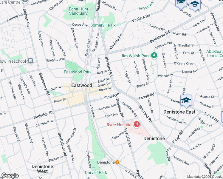 map of restaurants, bars, coffee shops, grocery stores, and more near 10 Rowe Street in Eastwood