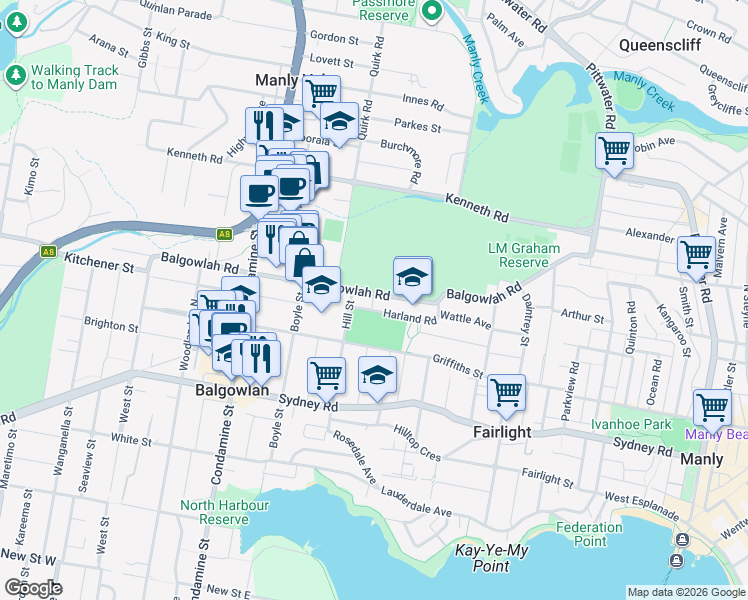 map of restaurants, bars, coffee shops, grocery stores, and more near 121 Balgowlah Road in Fairlight