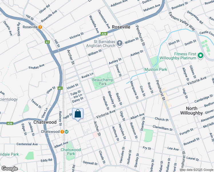 map of restaurants, bars, coffee shops, grocery stores, and more near Nicholson Street in Chatswood