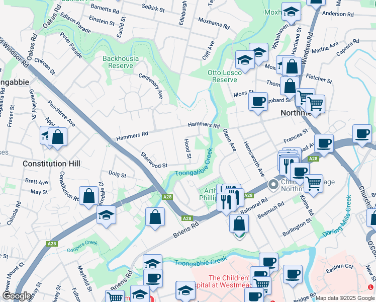 map of restaurants, bars, coffee shops, grocery stores, and more near Hood Street in Northmead