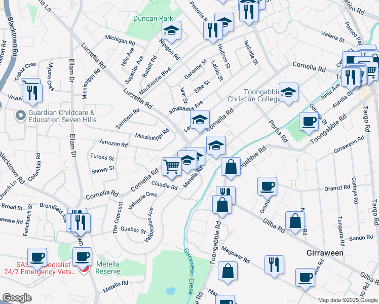 map of restaurants, bars, coffee shops, grocery stores, and more near 37A Lucretia Road in Toongabbie