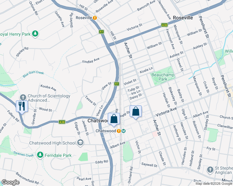 map of restaurants, bars, coffee shops, grocery stores, and more near 8 Wilson Street in Chatswood