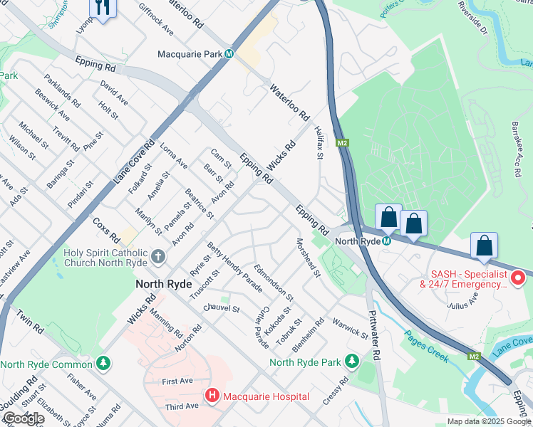 map of restaurants, bars, coffee shops, grocery stores, and more near 25 Chisholm Street in North Ryde