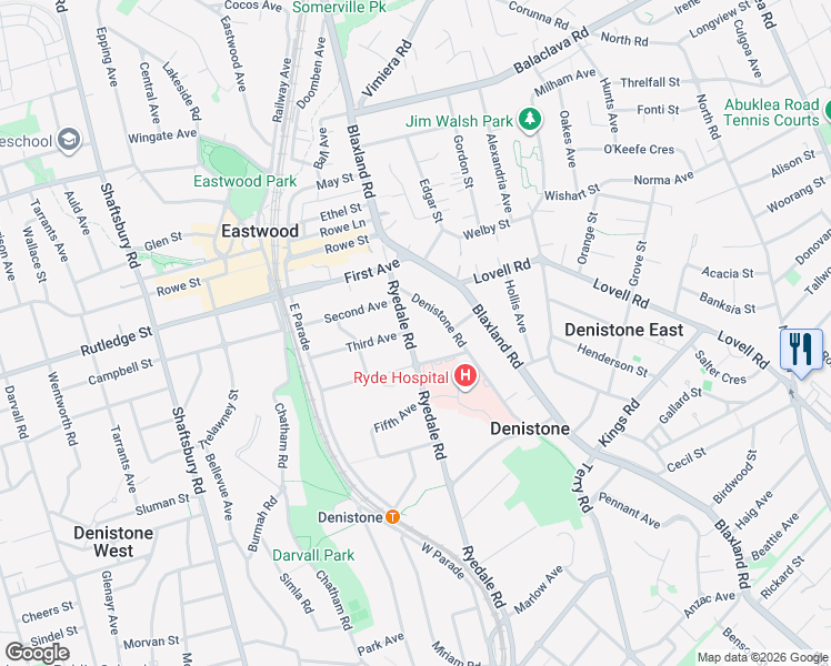 map of restaurants, bars, coffee shops, grocery stores, and more near 255A Ryedale Road in Eastwood