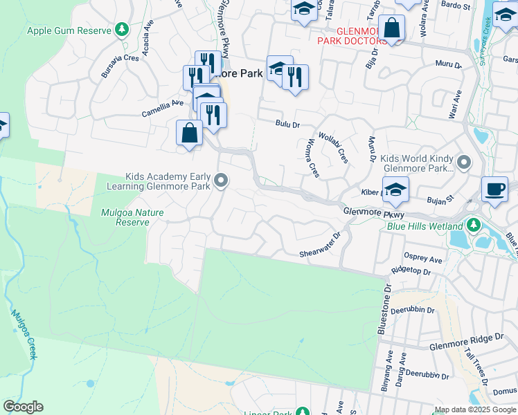 map of restaurants, bars, coffee shops, grocery stores, and more near 11 Bluewren Close in Glenmore Park