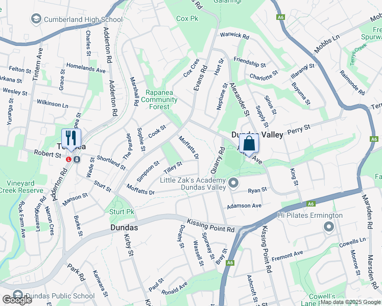 map of restaurants, bars, coffee shops, grocery stores, and more near 99 Moffatts Drive in Dundas Valley