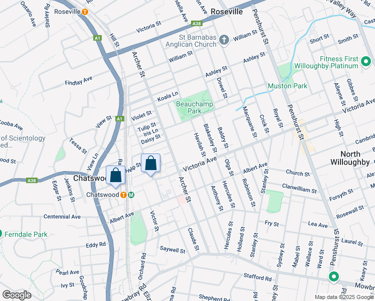 map of restaurants, bars, coffee shops, grocery stores, and more near 345 Victoria Avenue in Chatswood