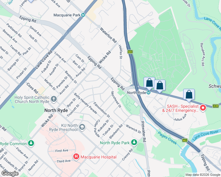 map of restaurants, bars, coffee shops, grocery stores, and more near 36 Morshead Street in North Ryde