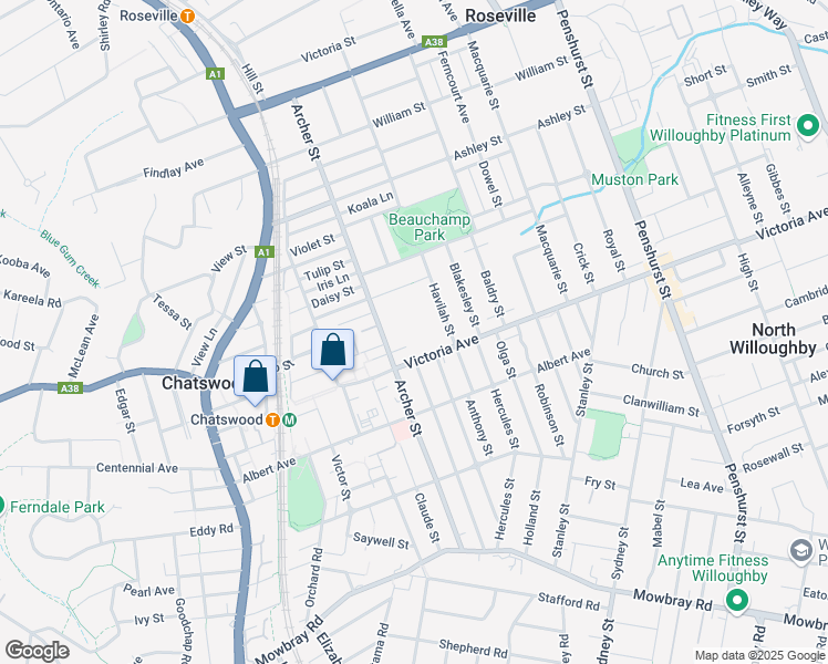 map of restaurants, bars, coffee shops, grocery stores, and more near 345 Victoria Avenue in Chatswood