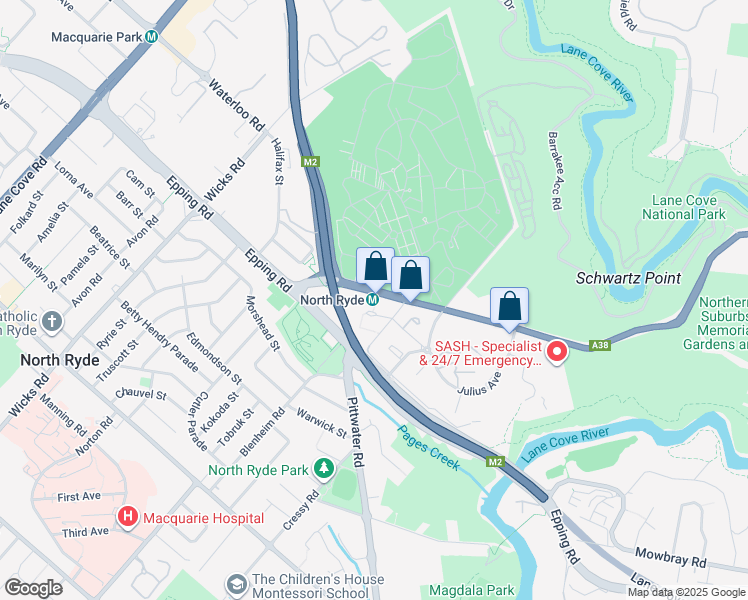 map of restaurants, bars, coffee shops, grocery stores, and more near 27-37 Delhi Road in North Ryde