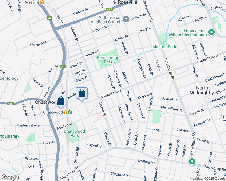 map of restaurants, bars, coffee shops, grocery stores, and more near 339 Victoria Avenue in Chatswood