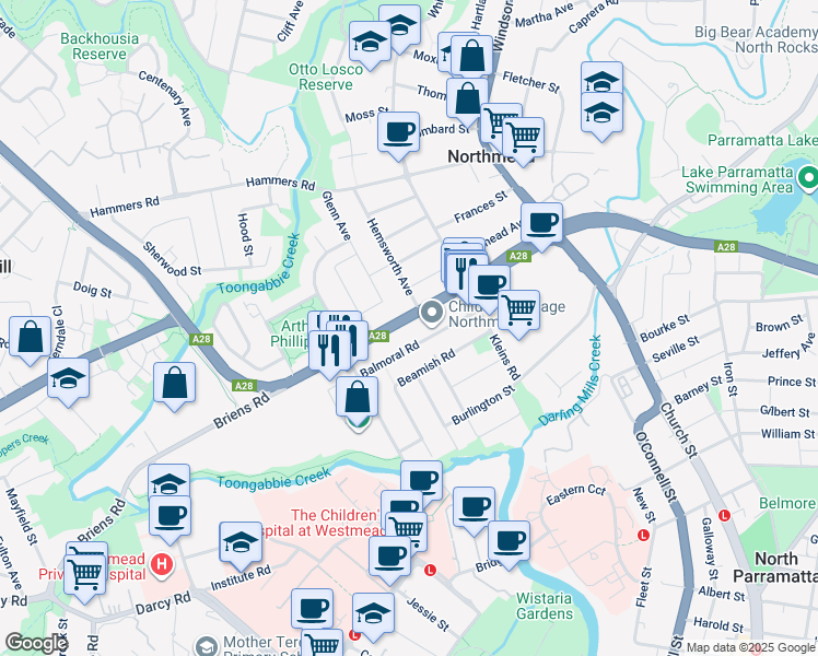 map of restaurants, bars, coffee shops, grocery stores, and more near 72 Briens Road in Northmead