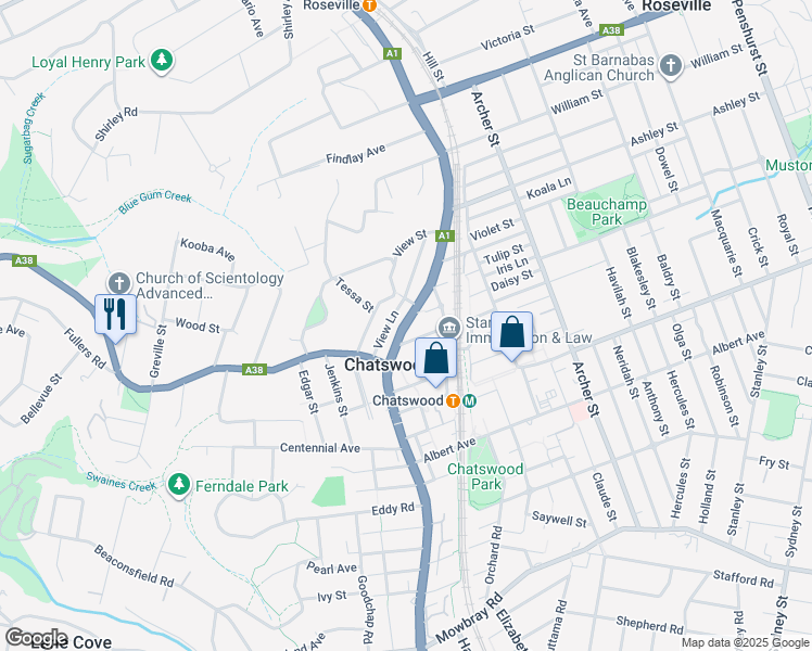 map of restaurants, bars, coffee shops, grocery stores, and more near 821 Pacific Highway in Chatswood