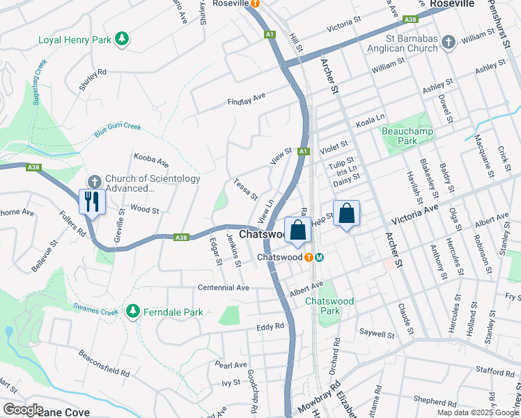 map of restaurants, bars, coffee shops, grocery stores, and more near 9 View Street in Chatswood