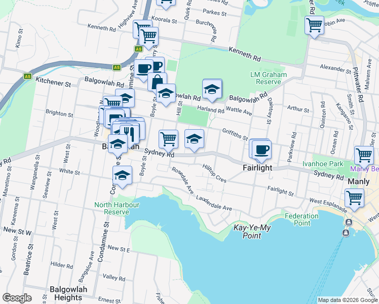 map of restaurants, bars, coffee shops, grocery stores, and more near 234 Sydney Road in Fairlight