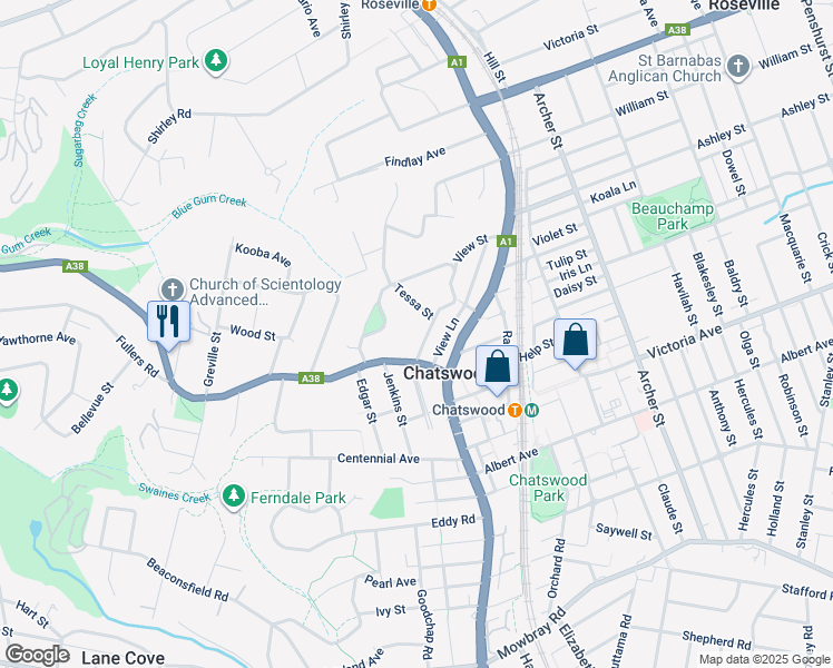 map of restaurants, bars, coffee shops, grocery stores, and more near 8 View Street in Chatswood