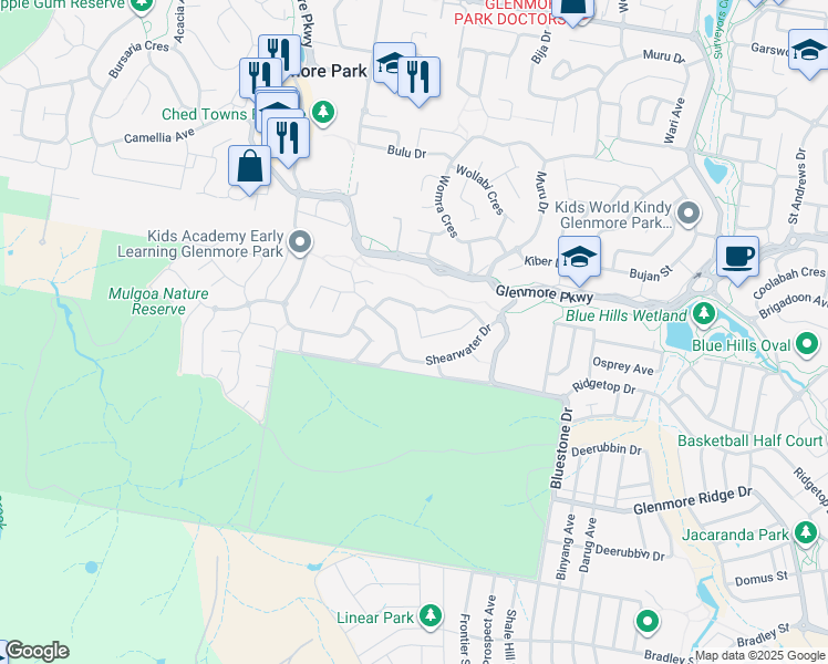 map of restaurants, bars, coffee shops, grocery stores, and more near 22 Butcherbird Place in Glenmore Park