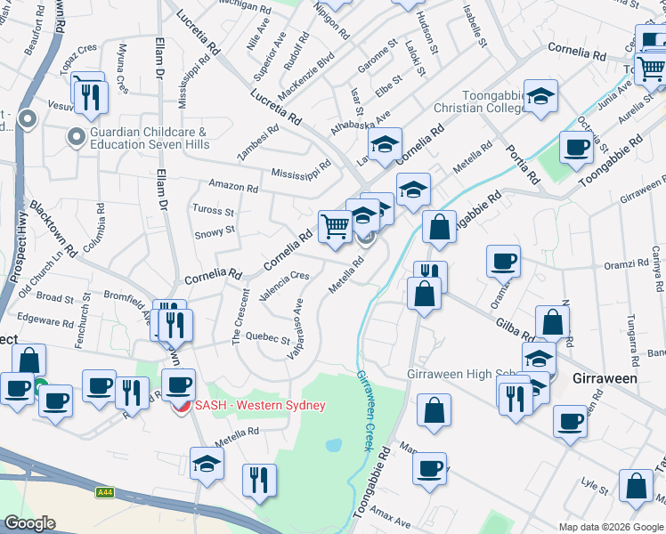 map of restaurants, bars, coffee shops, grocery stores, and more near 9 Claudia Road in Toongabbie