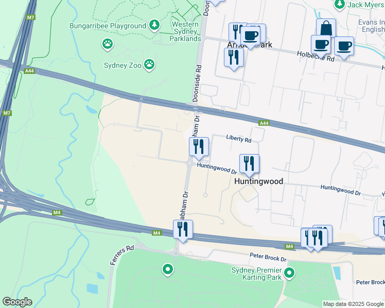 map of restaurants, bars, coffee shops, grocery stores, and more near in Eastern Creek
