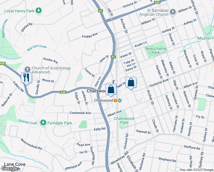 map of restaurants, bars, coffee shops, grocery stores, and more near 9 Help Street in Chatswood
