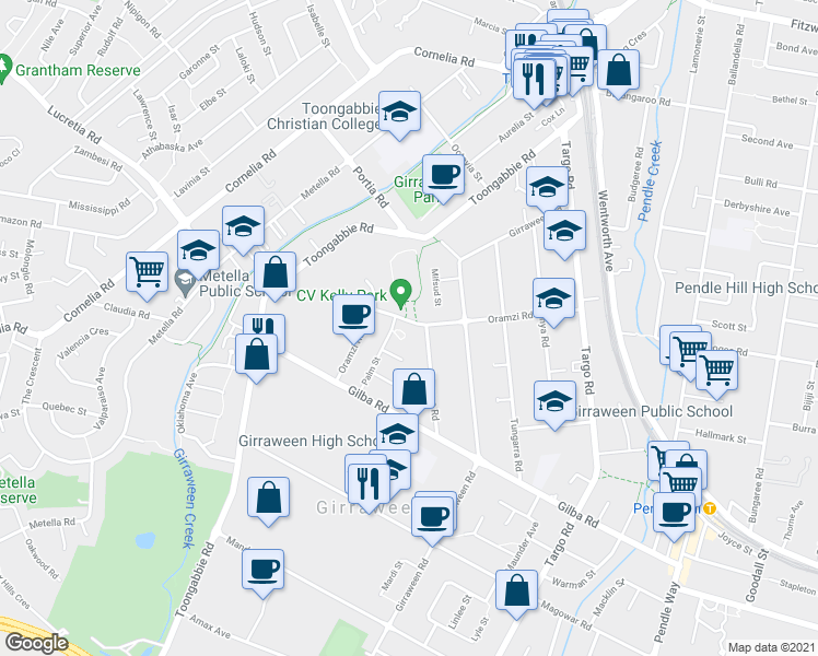 map of restaurants, bars, coffee shops, grocery stores, and more near 33 Oramzi Road in Girraween