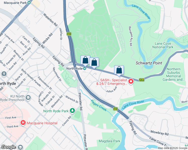 map of restaurants, bars, coffee shops, grocery stores, and more near 39 Delhi Road in North Ryde