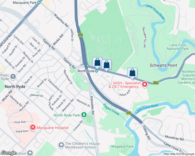map of restaurants, bars, coffee shops, grocery stores, and more near 27-37 Delhi Road in North Ryde
