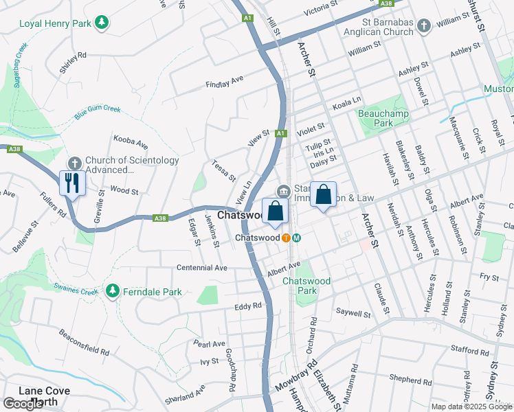 map of restaurants, bars, coffee shops, grocery stores, and more near 15 Help Street in Chatswood
