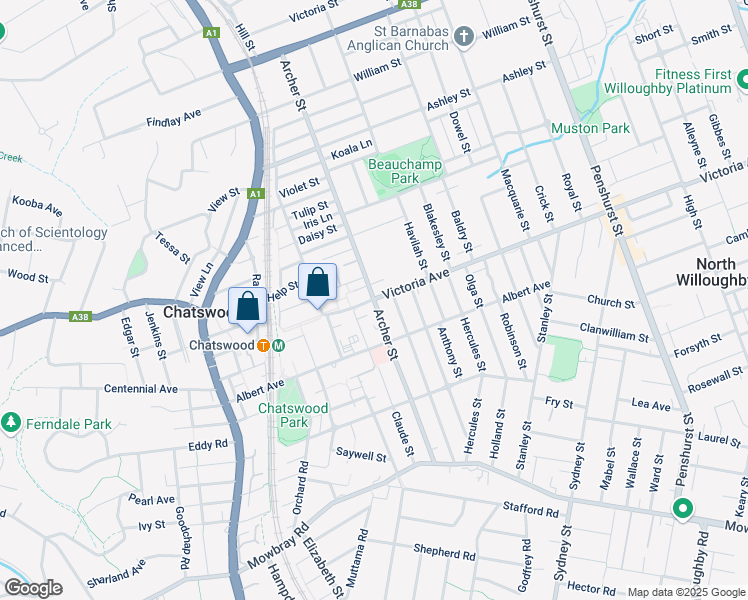 map of restaurants, bars, coffee shops, grocery stores, and more near Archer Street in Chatswood