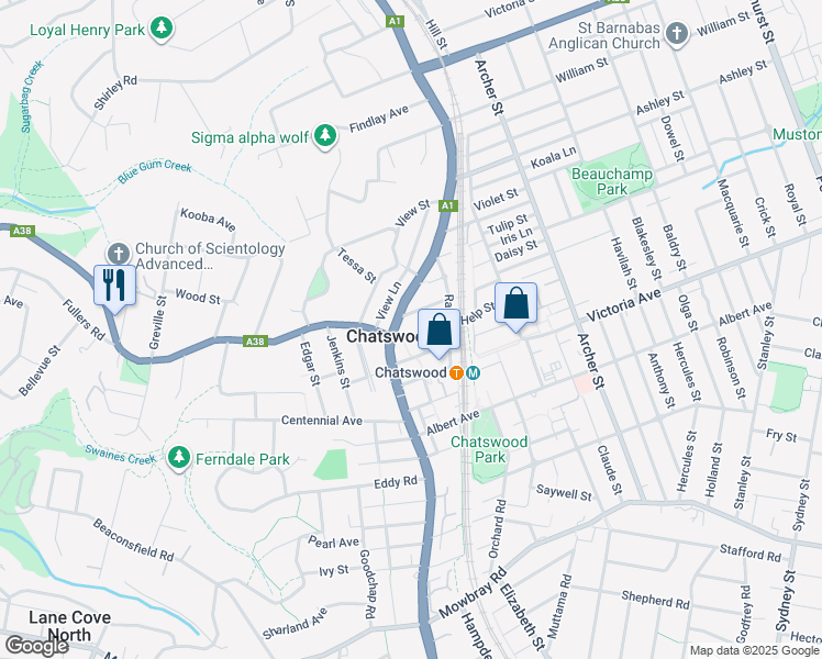 map of restaurants, bars, coffee shops, grocery stores, and more near 15 Help Street in Chatswood