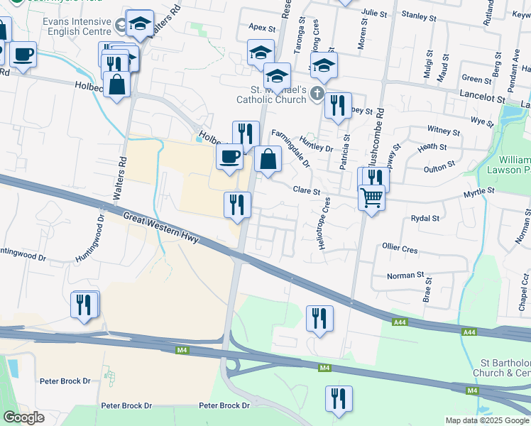 map of restaurants, bars, coffee shops, grocery stores, and more near 173A Reservoir Road in Blacktown