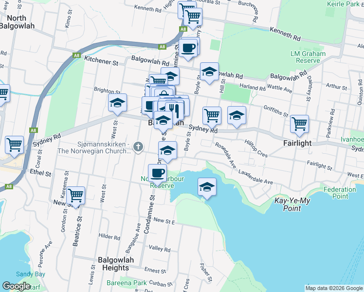 map of restaurants, bars, coffee shops, grocery stores, and more near 15 Boyle Street in Balgowlah