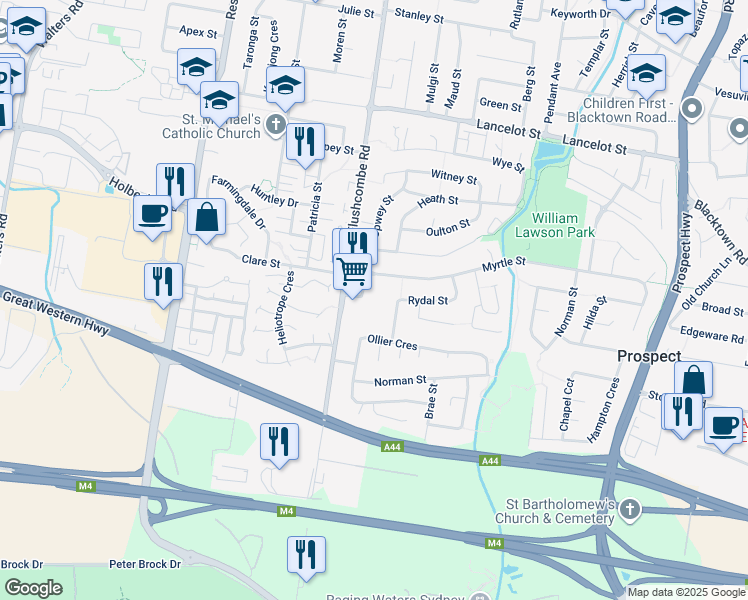 map of restaurants, bars, coffee shops, grocery stores, and more near 8 Myrtle Street in Prospect