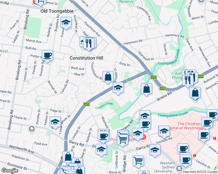 map of restaurants, bars, coffee shops, grocery stores, and more near 2-4 Ferndale Close in Constitution Hill